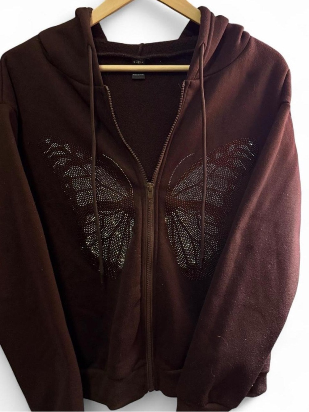 SHEIN Brown and Orange Rhinestone Butterfly Zip-Up Hoodie